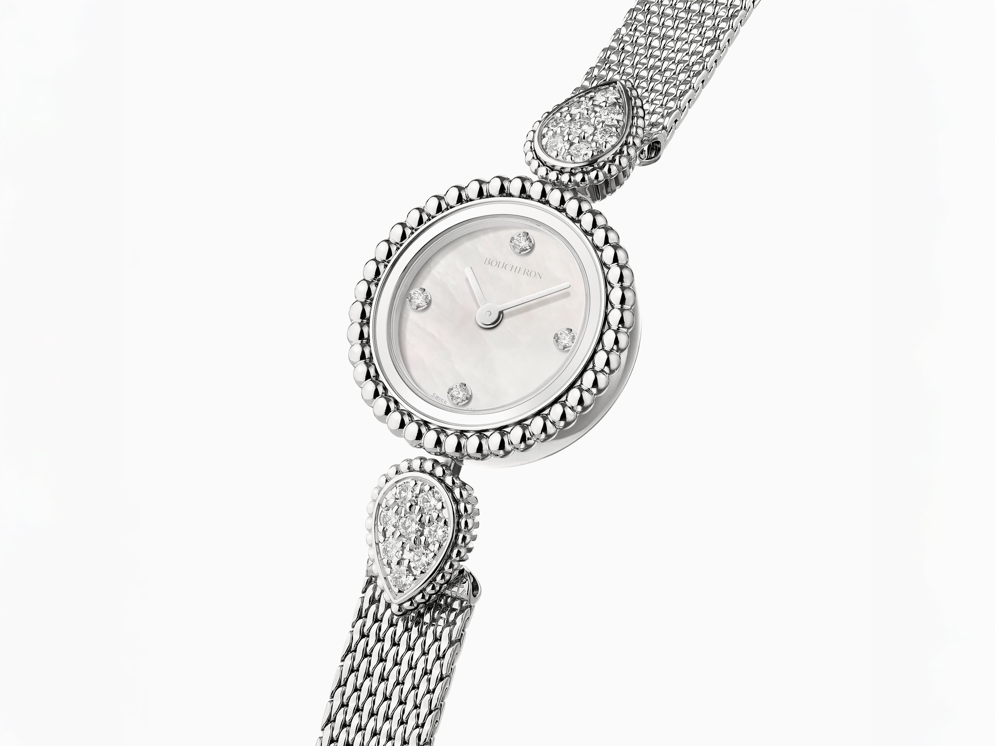 Циферблаты ақ седептен, ал білегізі болаттан жасалған, гауһар таспен әрленген, болаттан жасалған Serpent Bohème сағаты